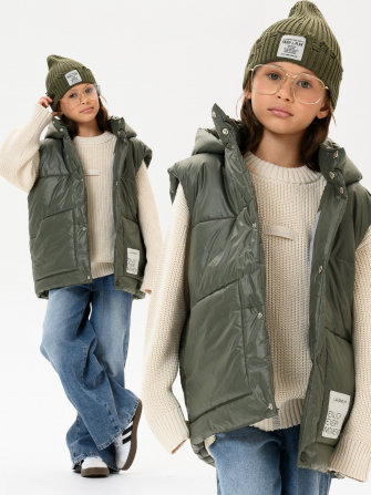  LF kids, жилет демисезонный с капюшоном, цвет оливка глянец ДЕФЕКТ